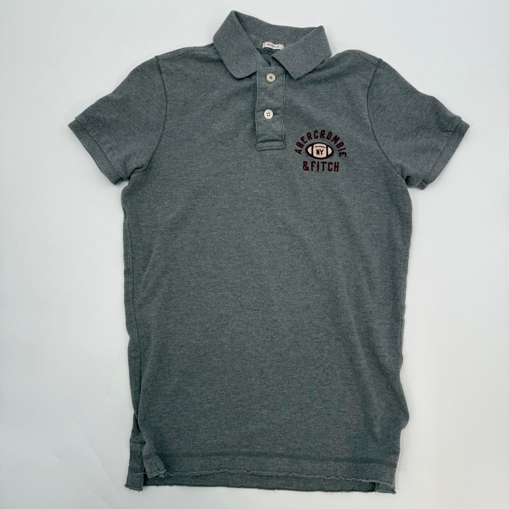 Abercrombie & Fitch Mens Small Polo Shirt Grey Muscle Fit Football Embroidered